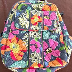 Quilted Floral Backpack Tote in Charcoal with Pink, Orange & Green Accents